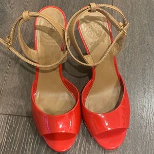 Red Patent Leather Tory Burch Cork Wedge Sandals.
